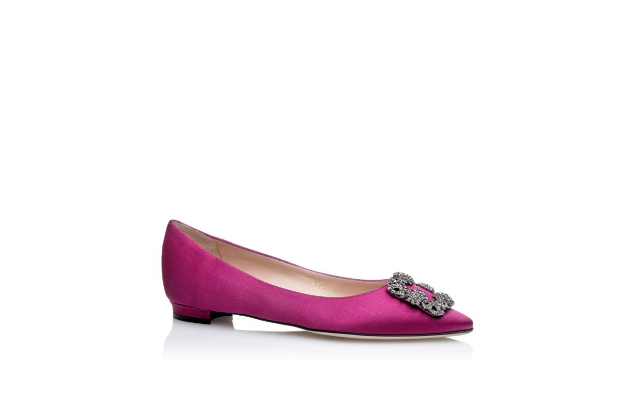 Pumps piatte con fibbia in cristallo in raso fucsia scuro