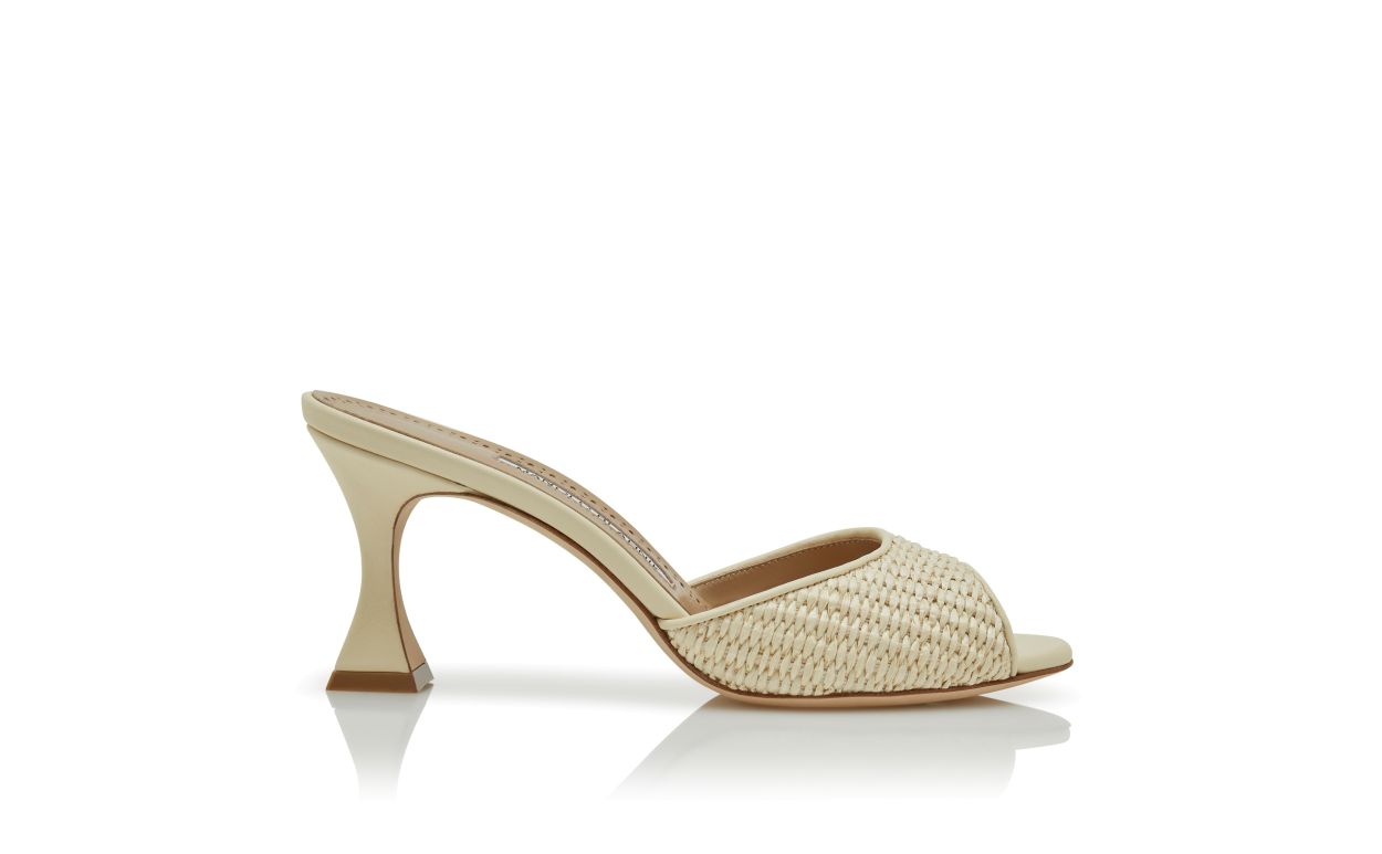 Mule con Tacco Aperto in Raffia Beige Chiaro