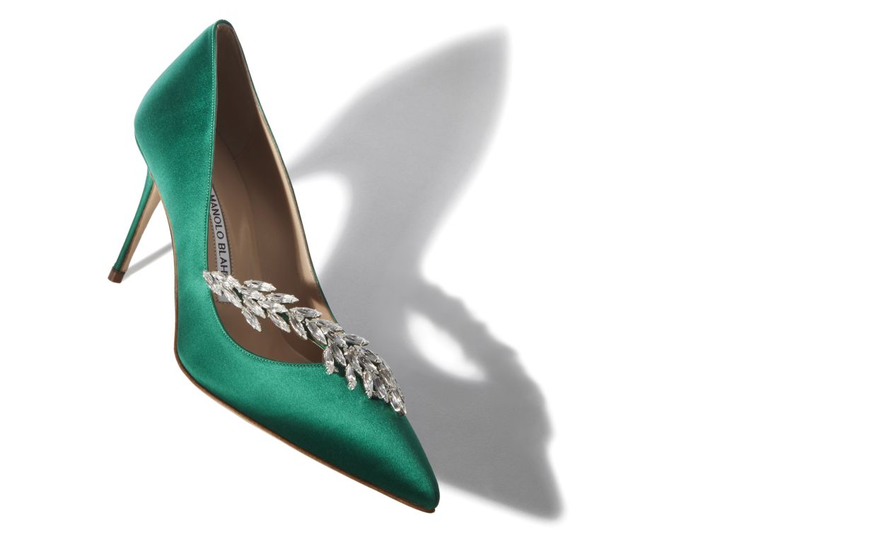 Pumps con Fibbia in Gioiello in Seta Verde