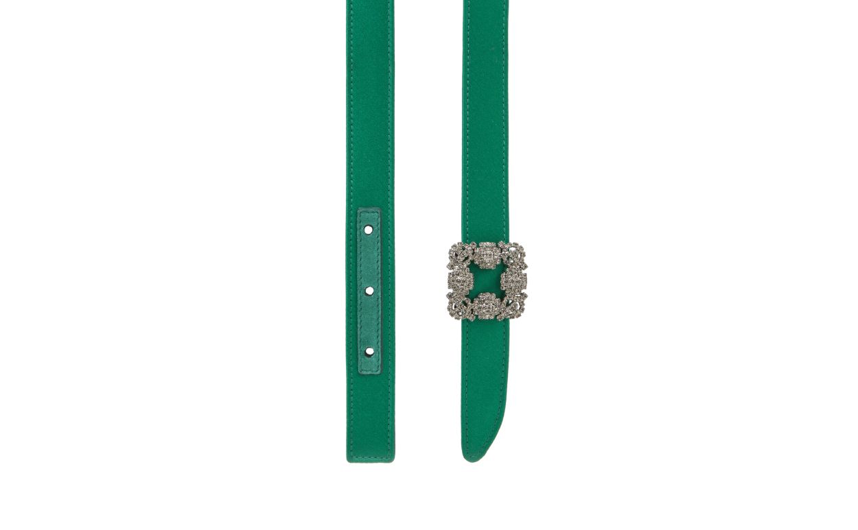 Cinturón in raso verde con fibbia in cristallo