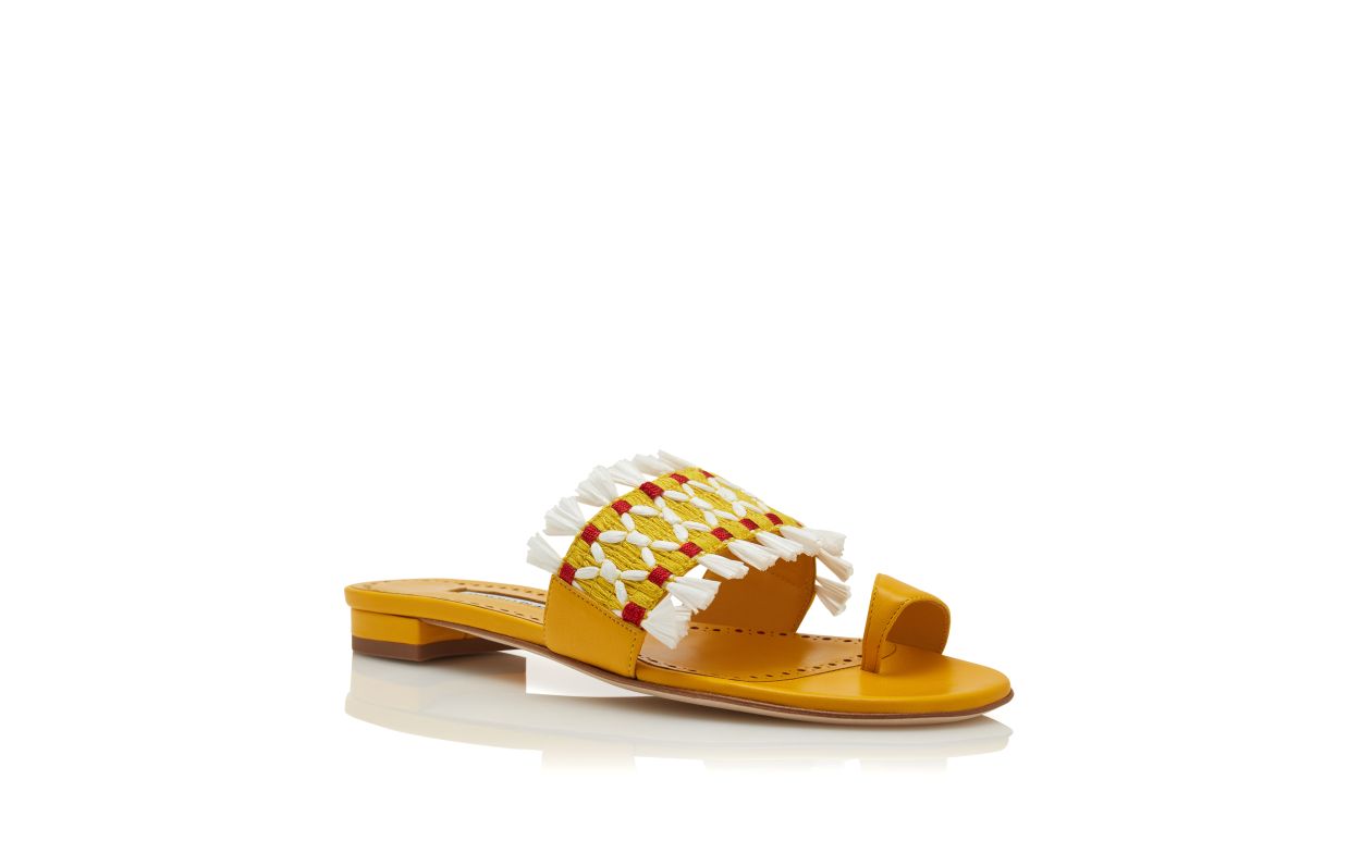 Mule Piatte in Pelle Nappa Gialla con Dettaglio Raffia