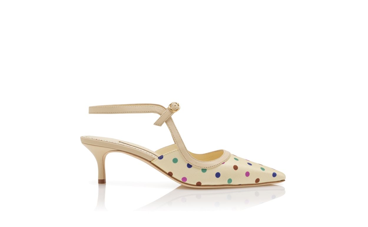 Pumps con cinturino alla caviglia a pois in seta crema