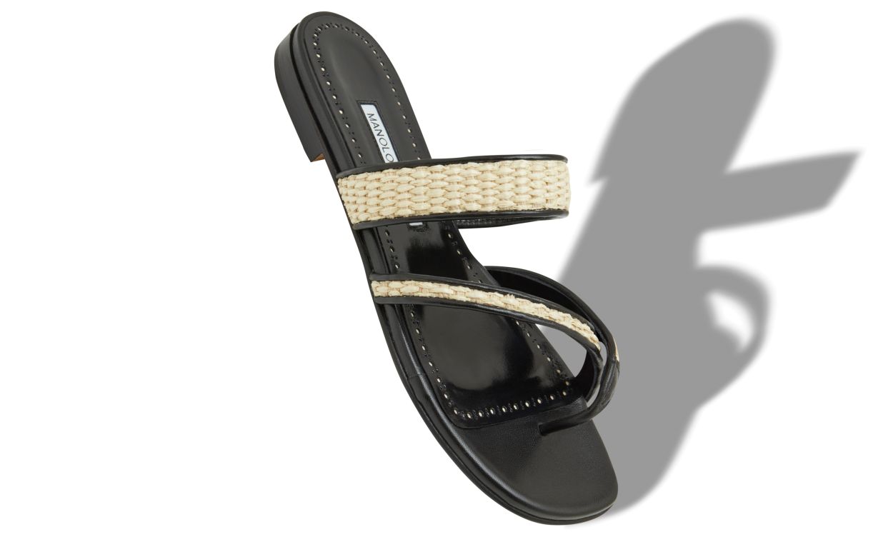 Sandali Piani in Raffia Nero e Beige