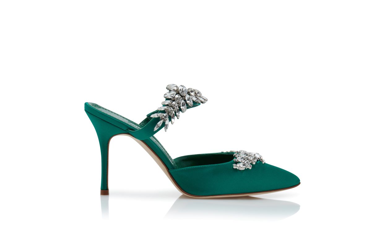 Mules in Seta Verde con Decorazioni in Cristallo