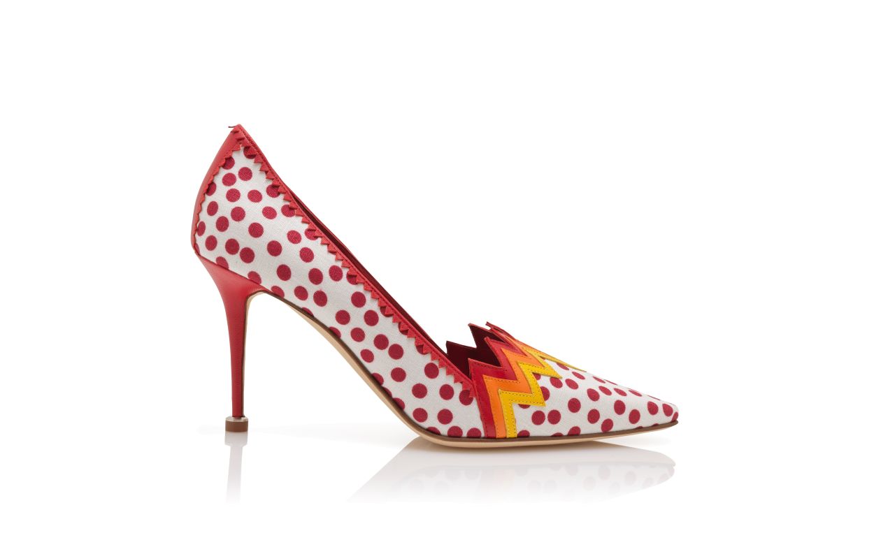 Scarpine in Lino a Puntale Almond Bianco e Rosso con Stampa a Puntini