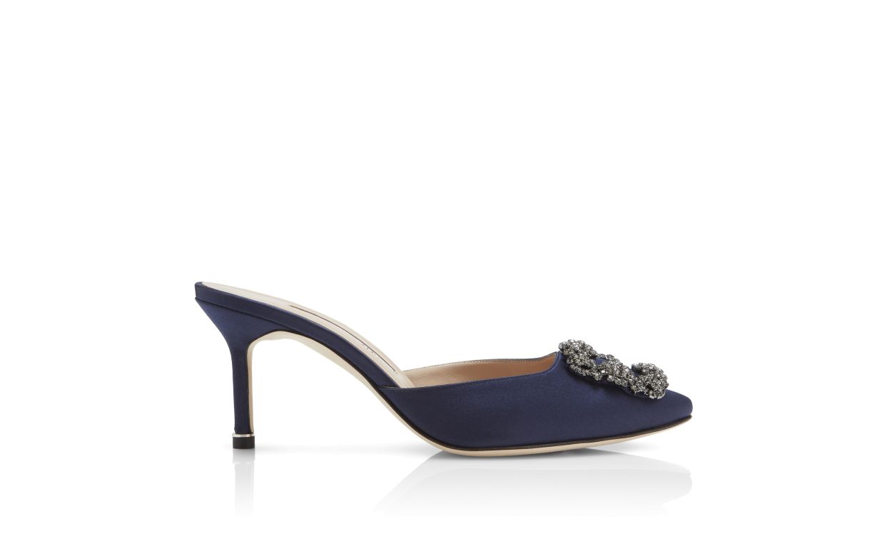 Mule in Seta Blu Navy con Fibbia di Gioielli