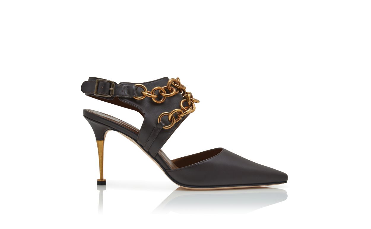 Pumps in pelle di vitello marrone scuro con cinturino alla caviglia