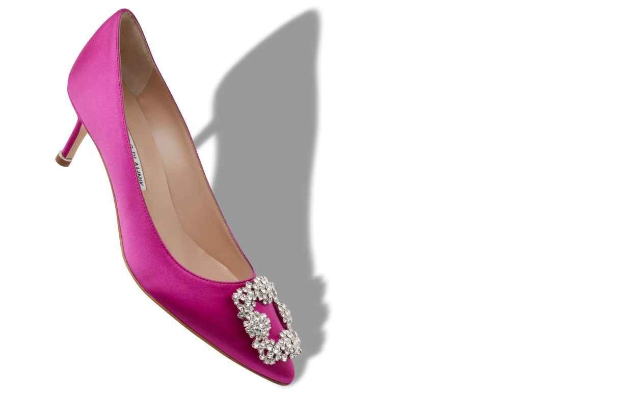Pumps con fibbia in cristallo in satin fucsia