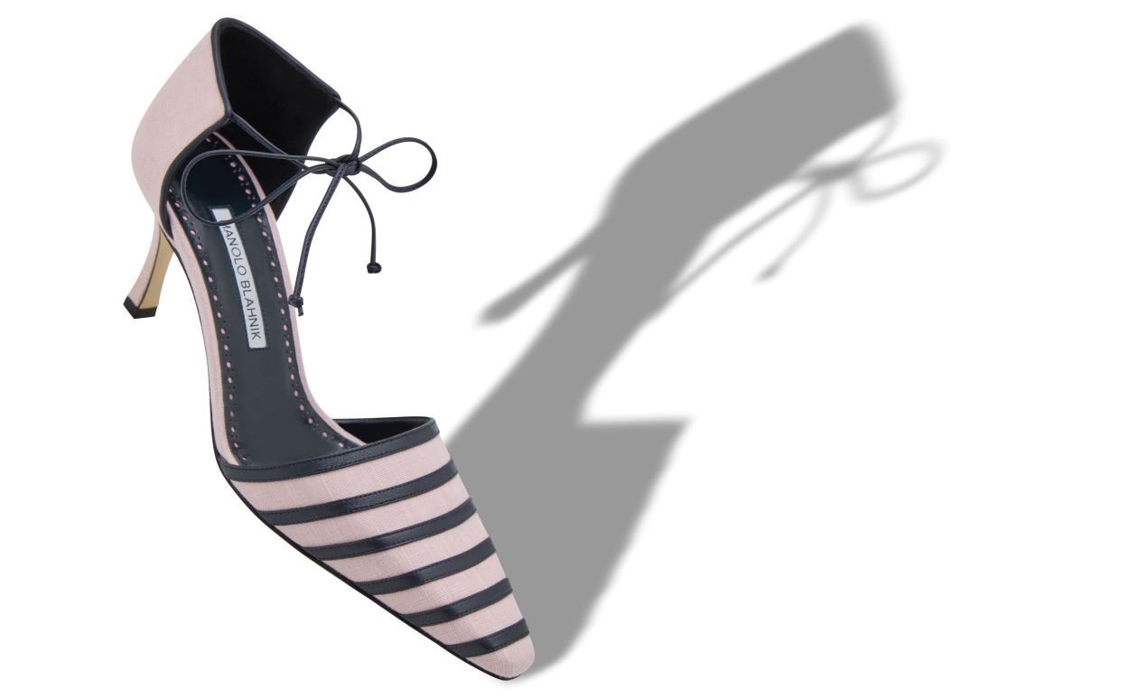 Pumps in Lino Rosa Chiaro e Blu Navy con Cinturino alla Caviglia