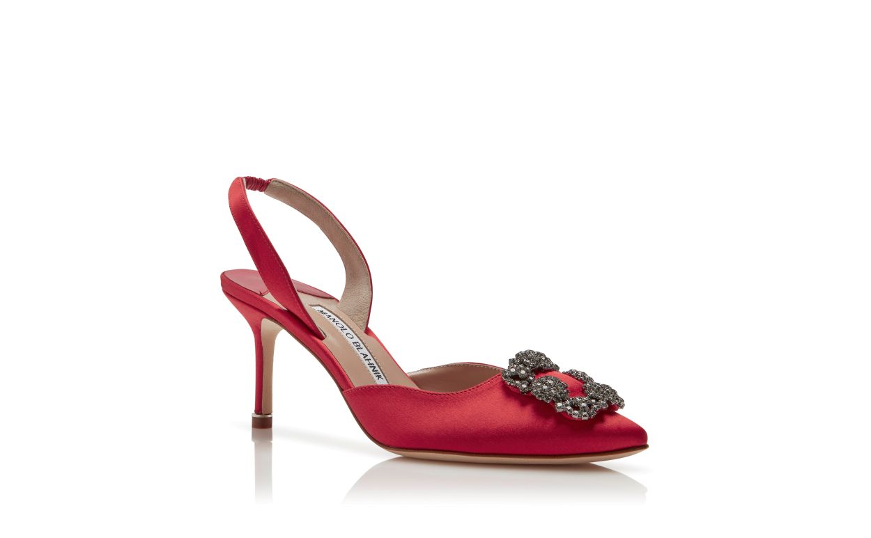 Pumps slingback con fibbia gioiello in raso rosso