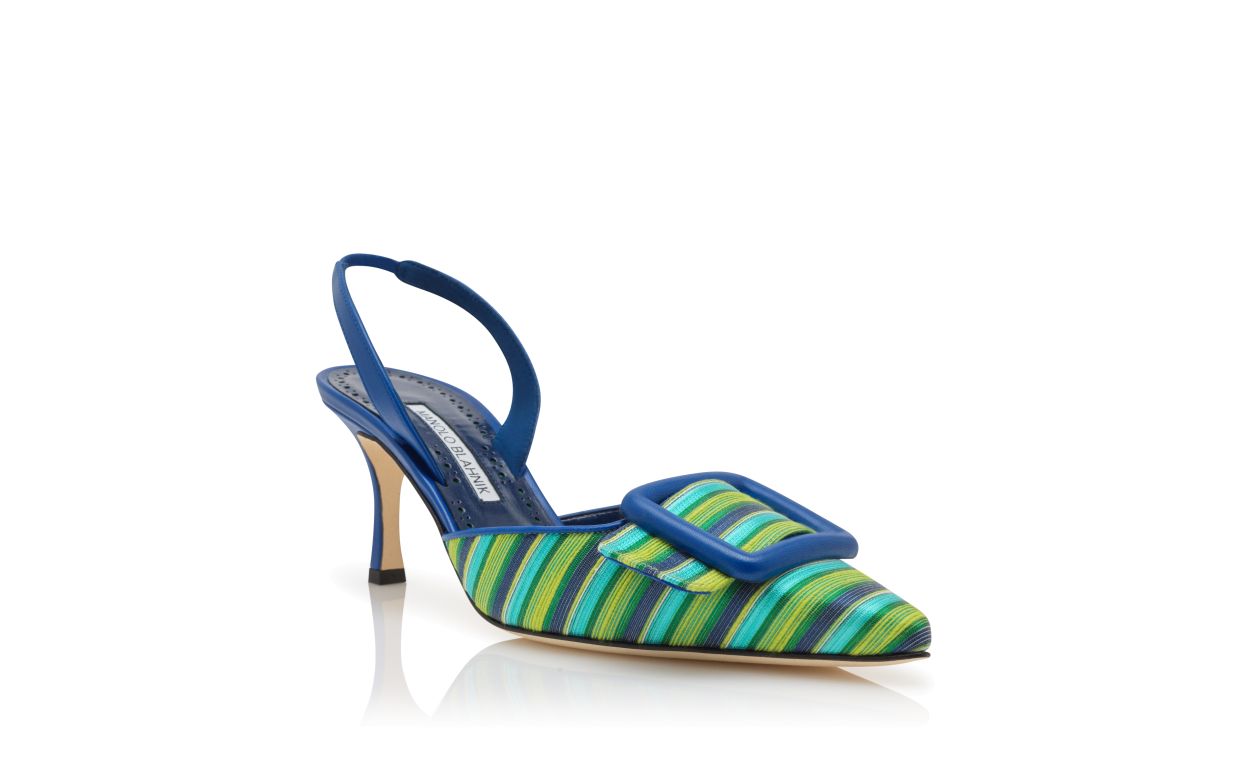 Pumps slingback in cotone blu e verde con fibbia