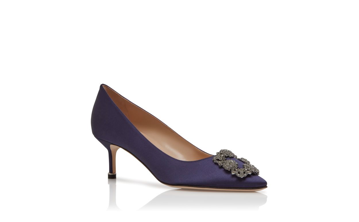 Pumps con Fibbia in Cristallo in Seta Blu Scuro