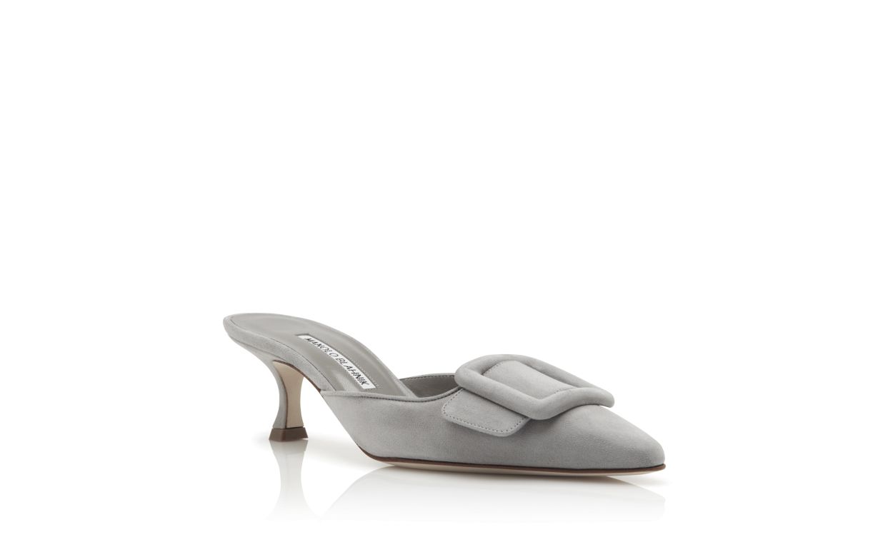 Mocassini con tacco kitten in suede grigio chiaro