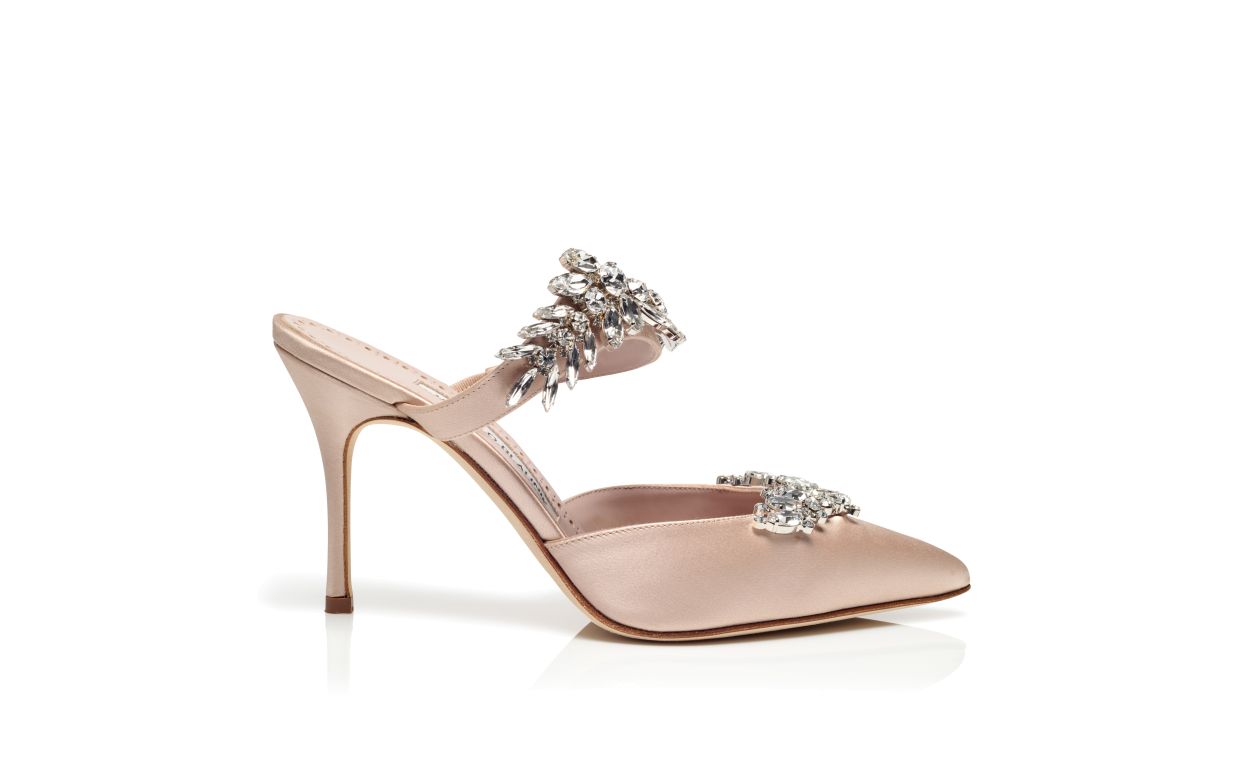 Mule in Seta Beige con Decorazioni in Cristallo