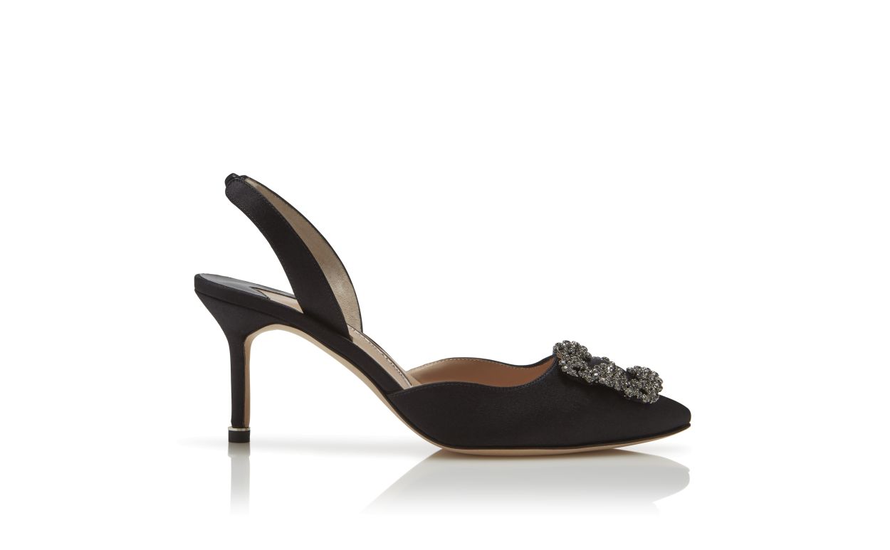 Pumps Slingback in Satin Nero con Fibbia Gioiello