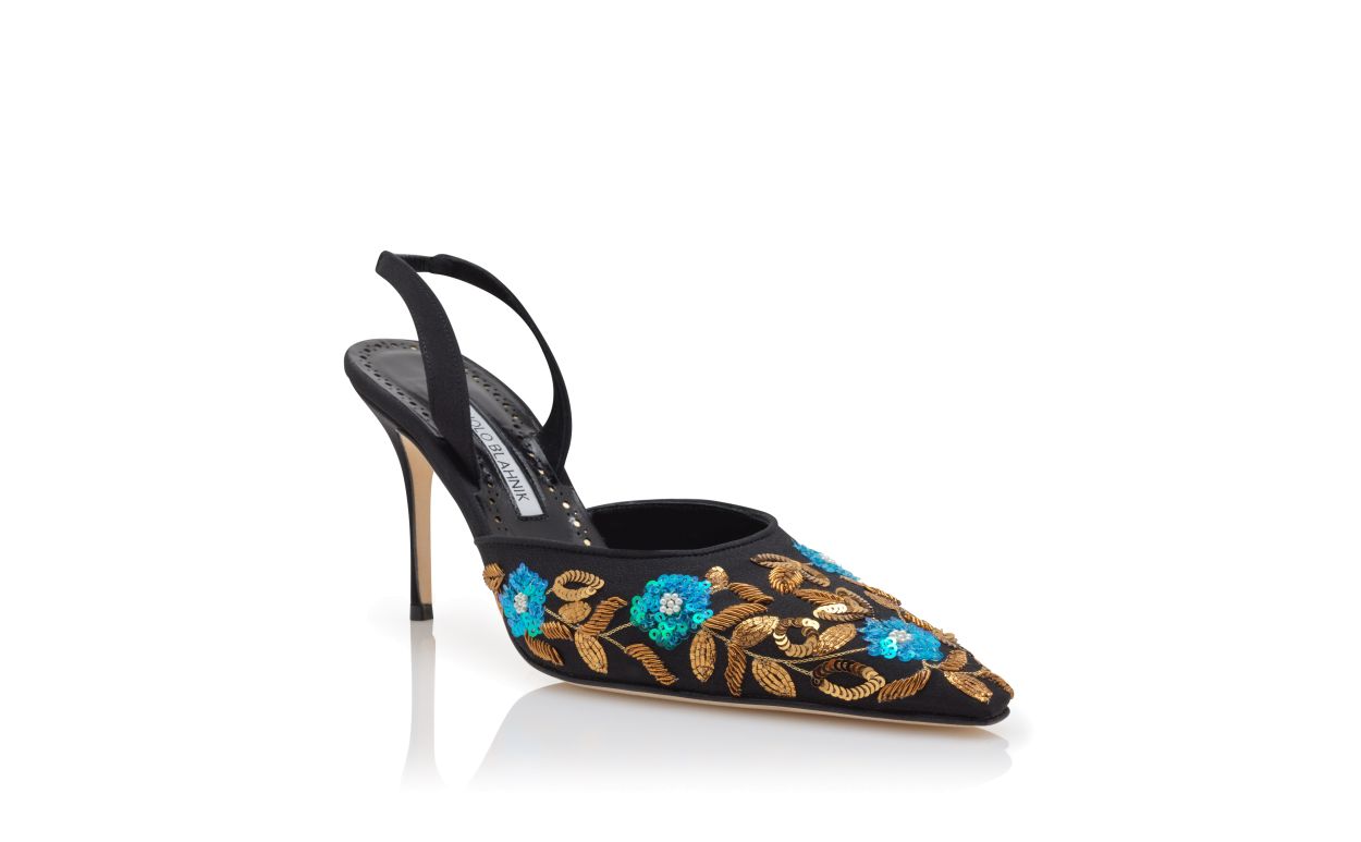 Pumps Slingback in Crêpe de Chine Nero con Ricamo
