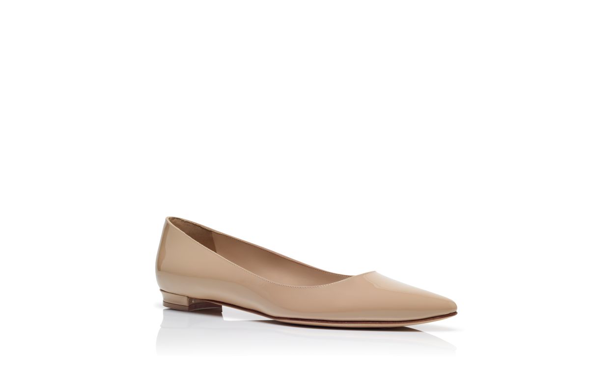 Pumps Piatte in Pelle Lucida Beige Chiaro con Punta Affilata