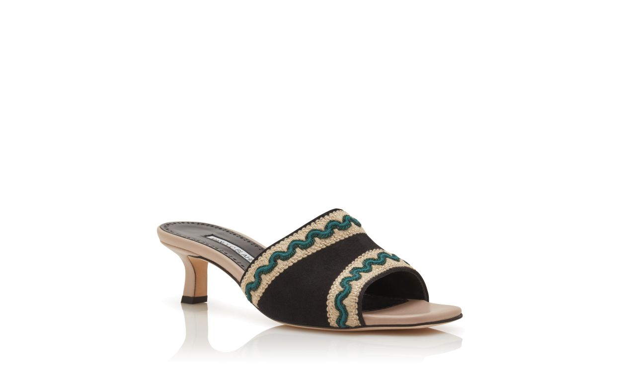 Mule in Suede Beige Chiaro e Nero con Dettagli a Maglia