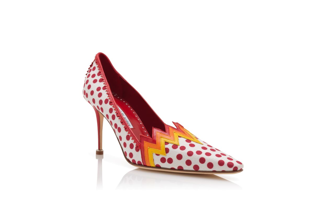 Scarpine in Lino a Puntale Almond Bianco e Rosso con Stampa a Puntini
