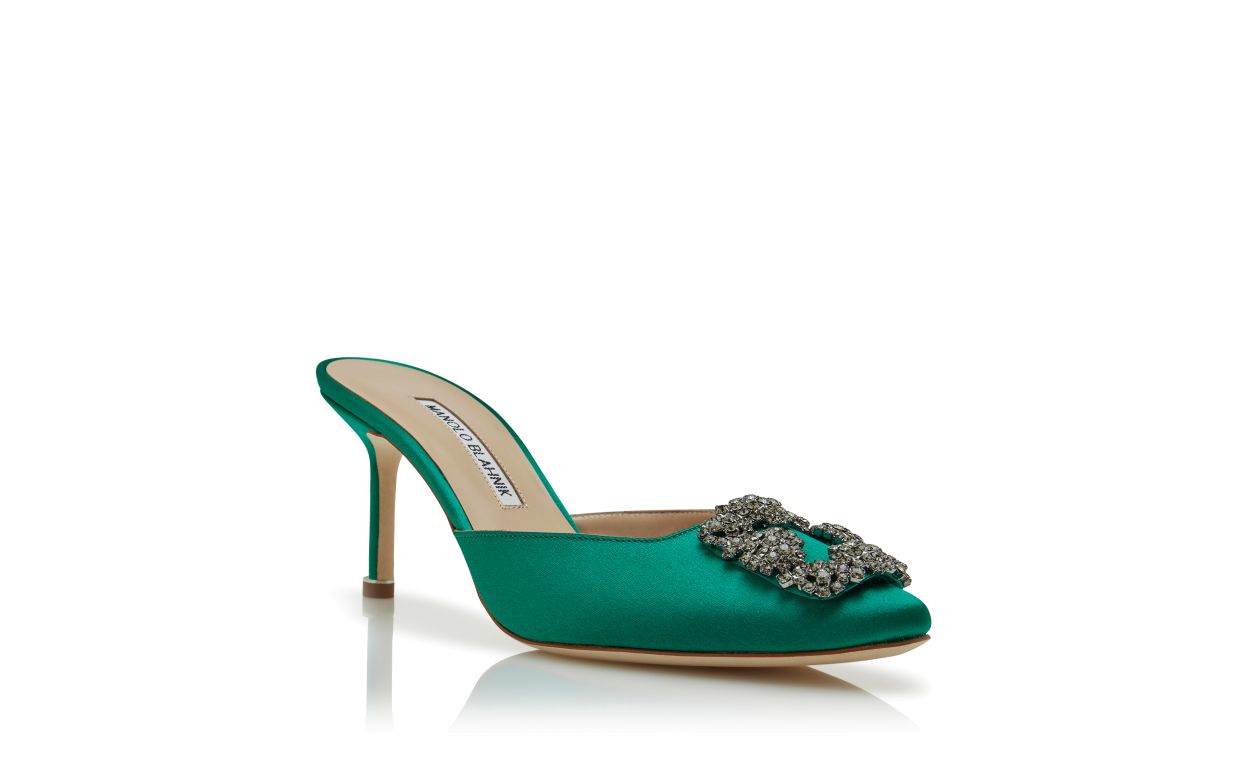 Mule con fibbia in cristallo in raso verde