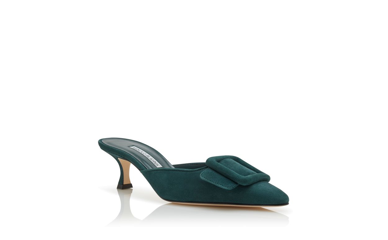 Mule in Suede Verde Scuro con Dettaglio Fibbia