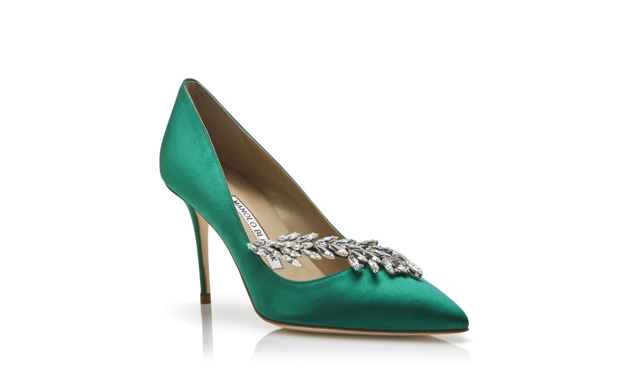 Pumps con Fibbia in Gioiello in Seta Verde