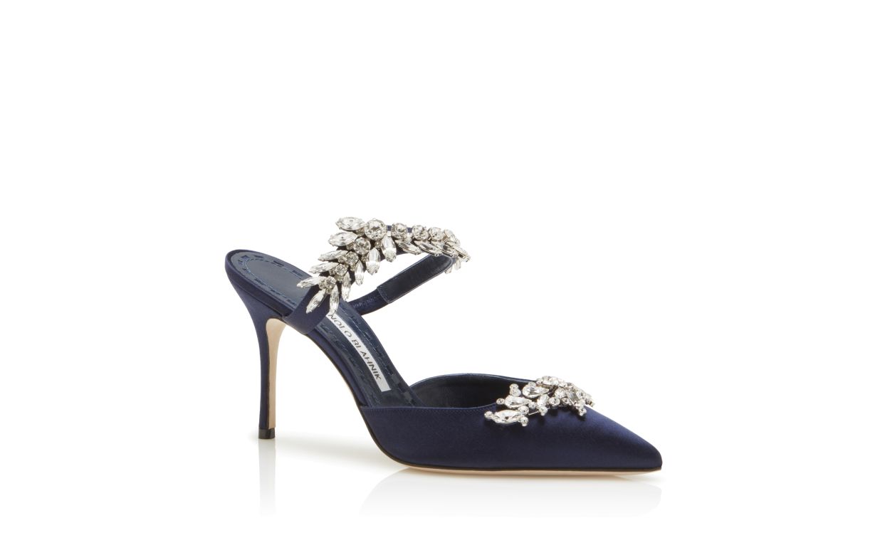 Mules in Seta Blu Navy con Decorazioni in Cristallo