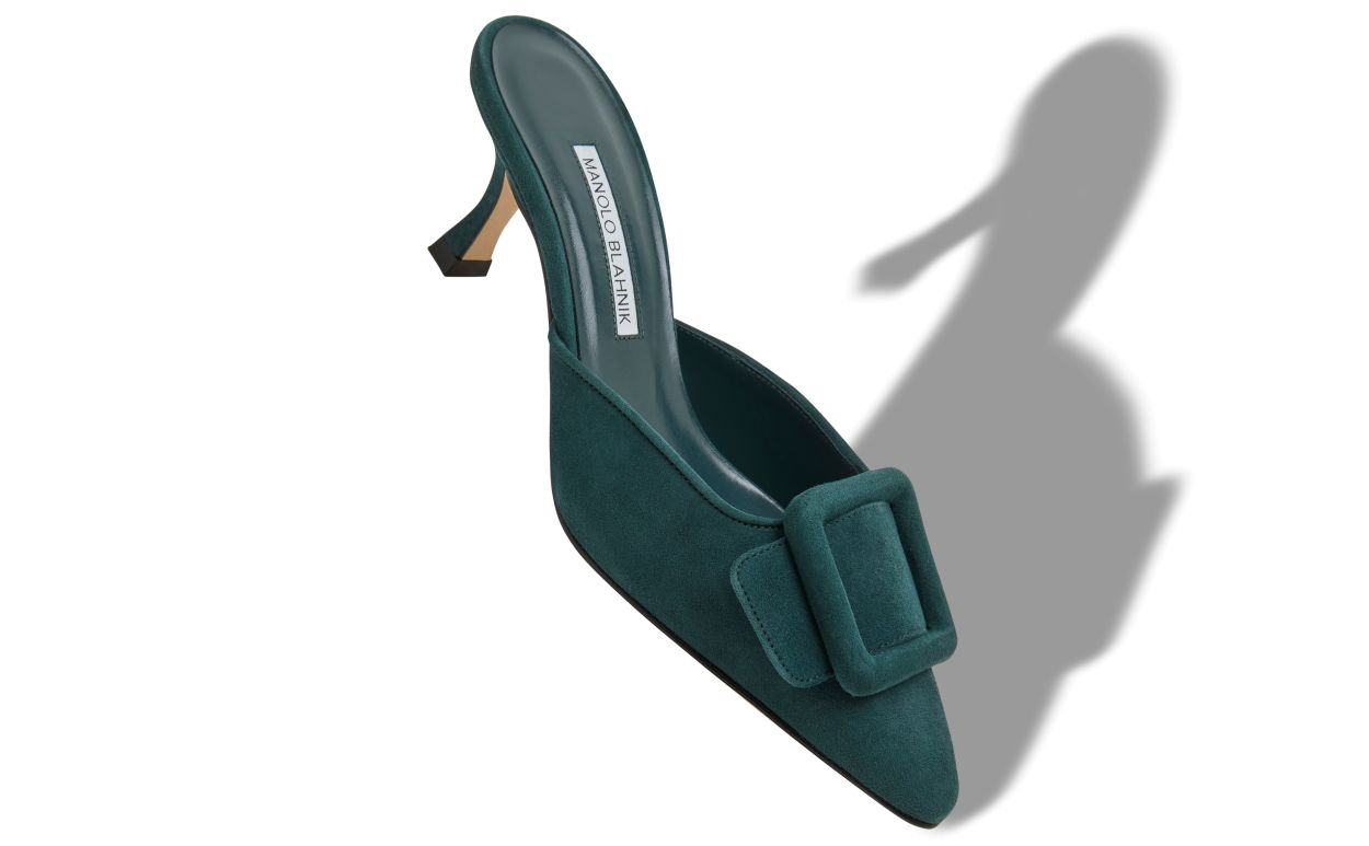 Mule in Suede Verde Scuro con Dettaglio Fibbia