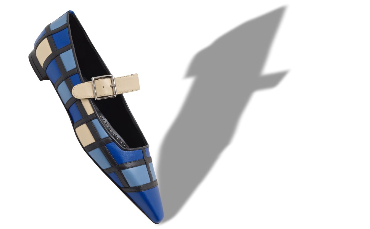Pump piatte in pelle nappa blu e crema