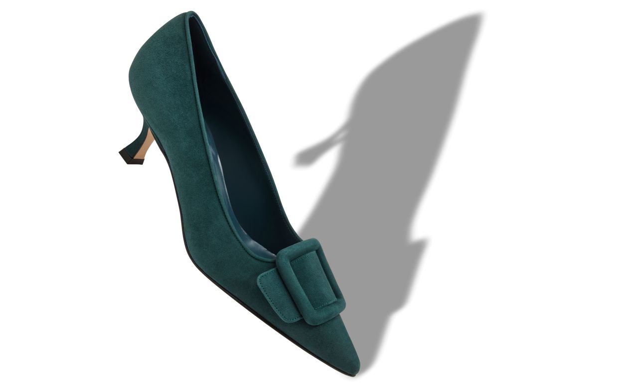 Pumps in Suede Verde Scuro con Dettaglio Fibbia