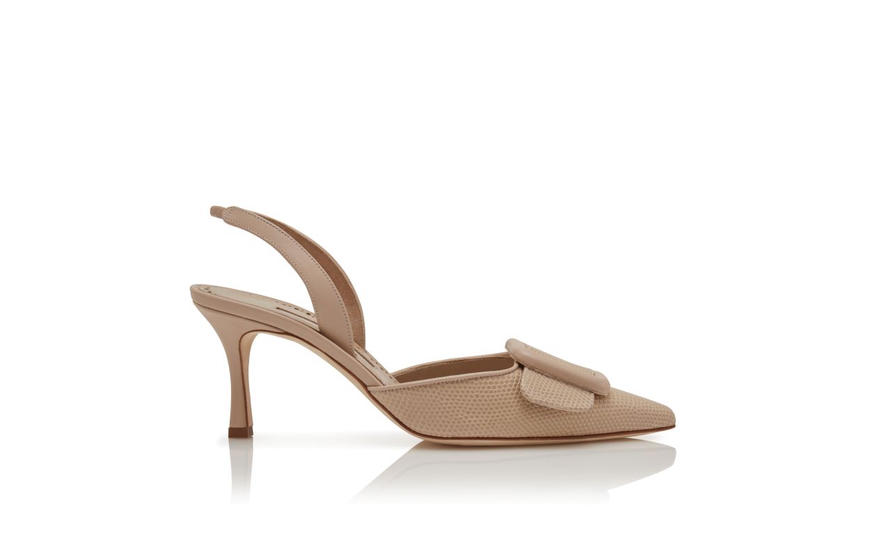 Pumps Slingback con Dettaglio Fibbia in Pelle di Vitello Beige Chiaro