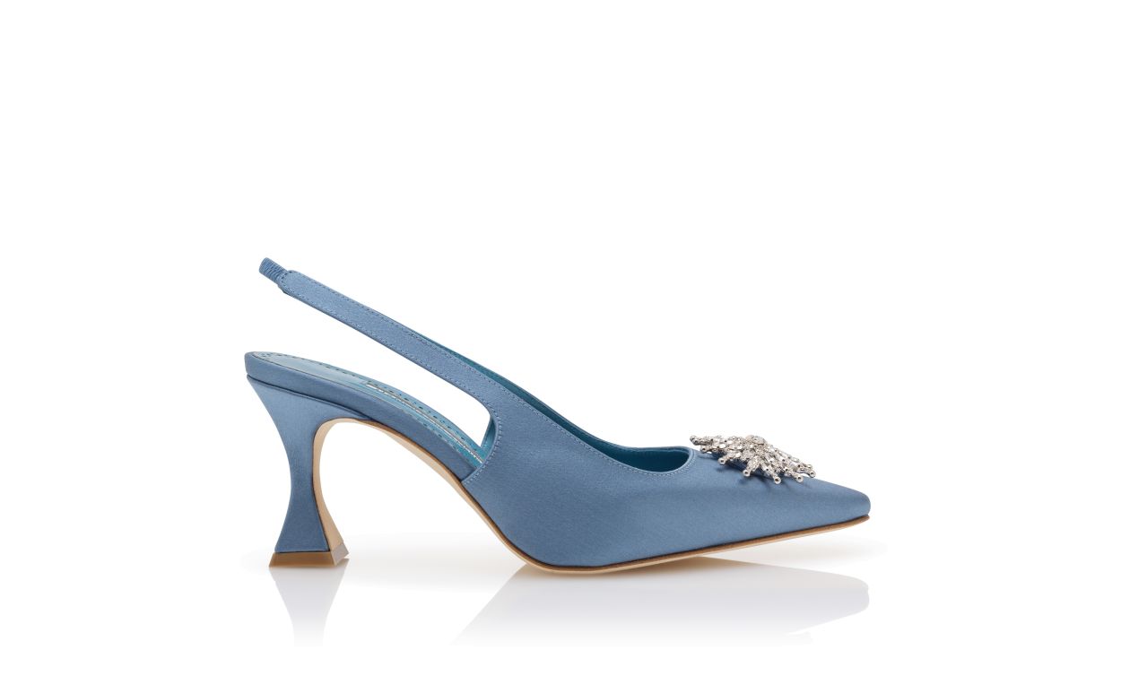Pumps Slingback in Seta Blu con Decorazioni in Cristallo