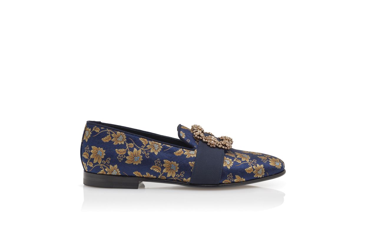 Loafers in seta con motivo floreale blu navy e fibbia gioiello in jacquard