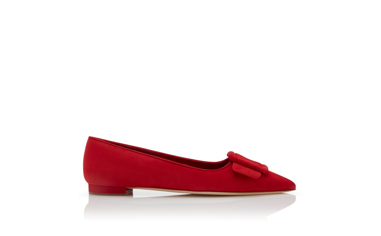 Pumps Piatte con Dettaglio Fibbia in Suede Rosso