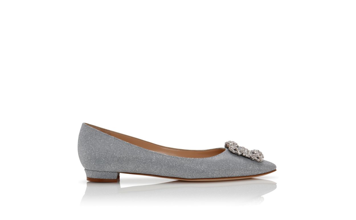 Pumps piatte con fibbia gioiello in tessuto argento glitterato