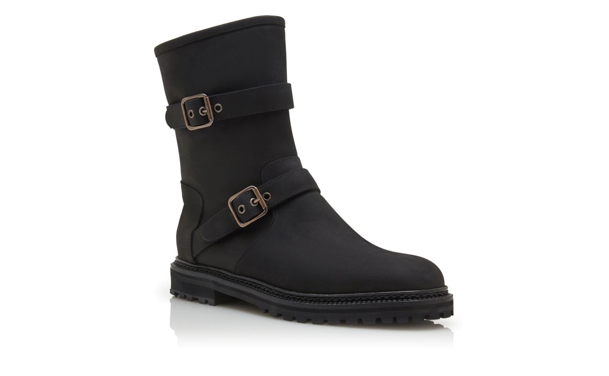 Stivali Ankle in Nubuck Nero con Doppio Fibbia