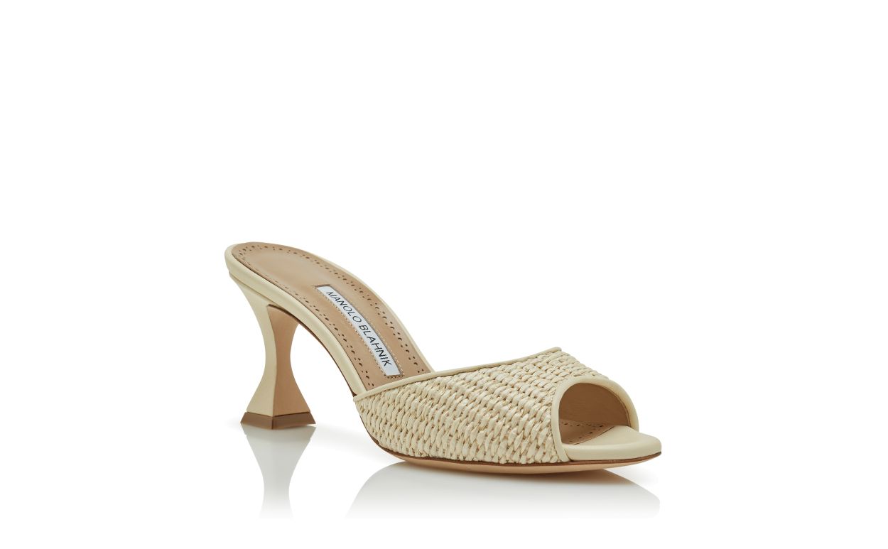 Mule con Tacco Aperto in Raffia Beige Chiaro