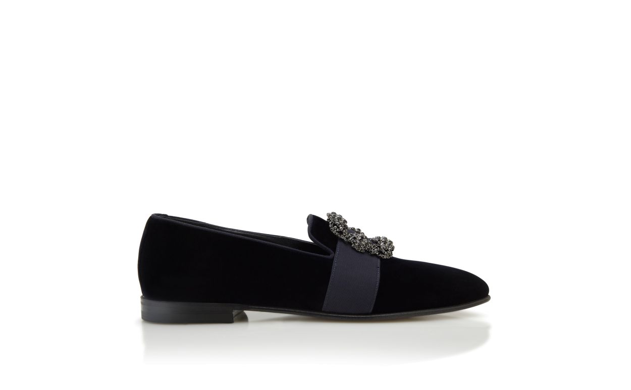 Loafers in velluto blu scuro con fibbia decorata