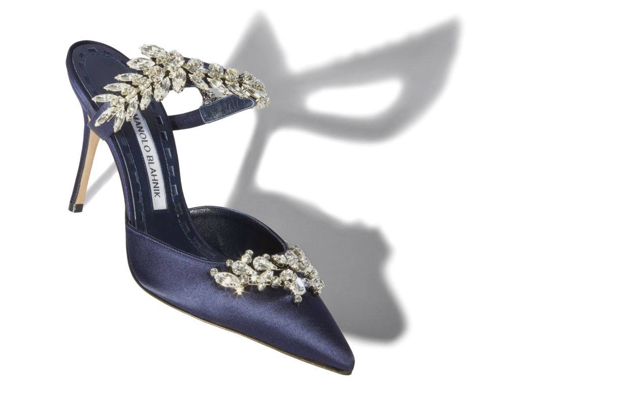 Mules in Seta Blu Navy con Decorazioni in Cristallo