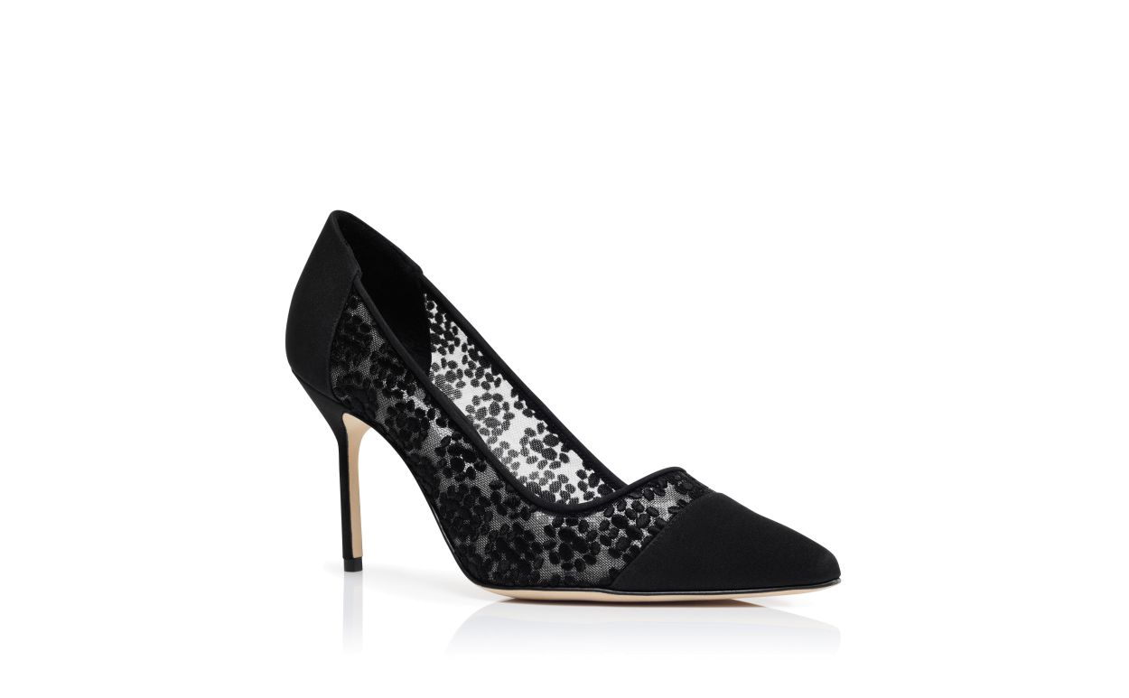Pumps in Pizzo Nero con Dettagli Floreali