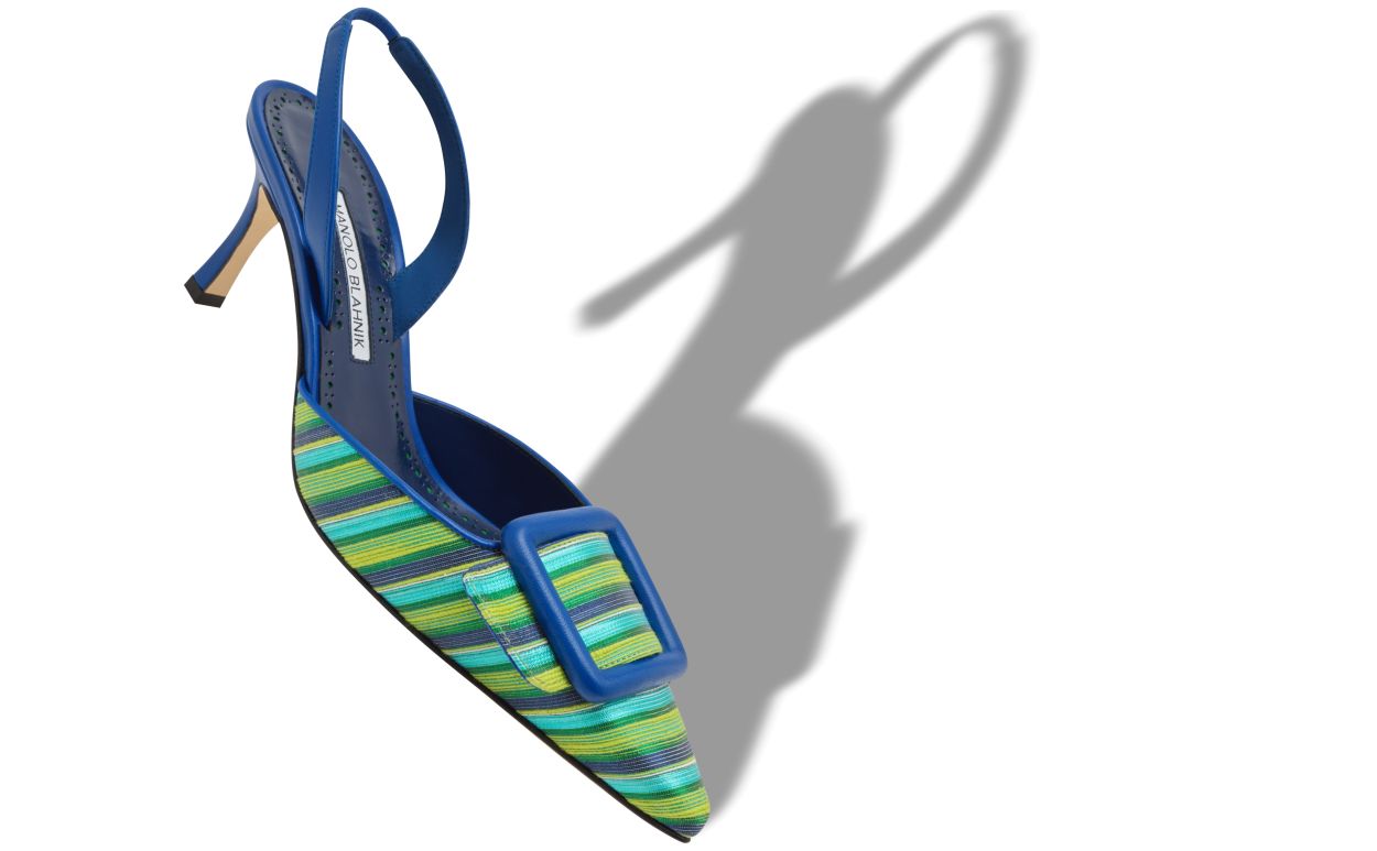 Pumps slingback in cotone blu e verde con fibbia