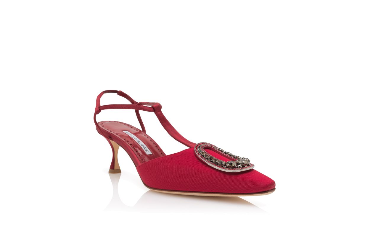 Pumps T-Bar in Grosgrain Rosso con Decorazioni Gioiello