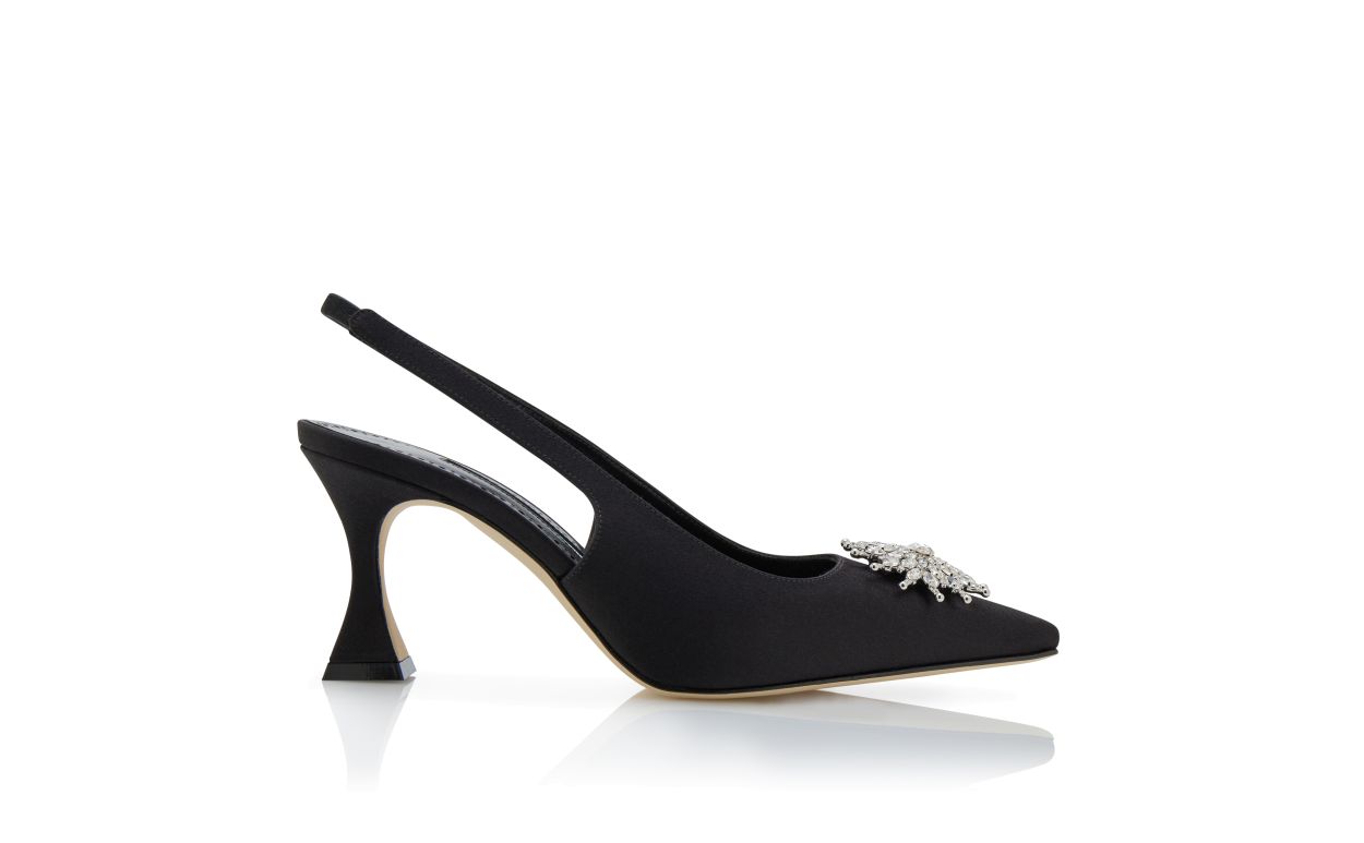 Pumps Slingback in Seta Nera con Decorazioni in Cristallo