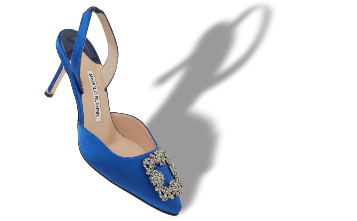 Pumps Slingback in Raso Blu con Fibbia di Gioielli