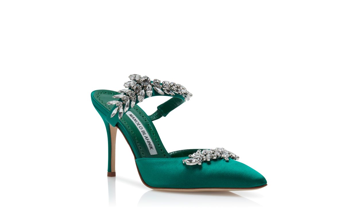 Mules in Seta Verde con Decorazioni in Cristallo