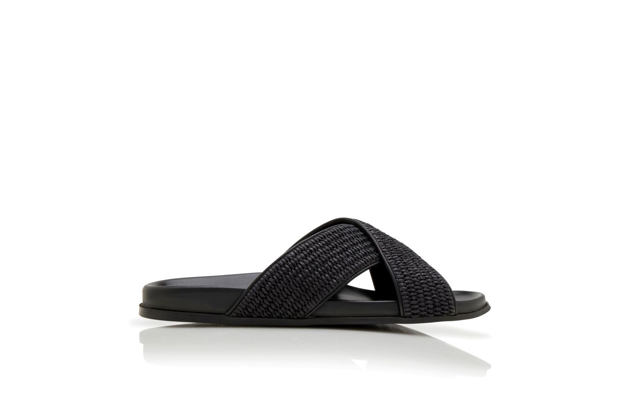 Sandali Piani in Tessuto Naturale Nero