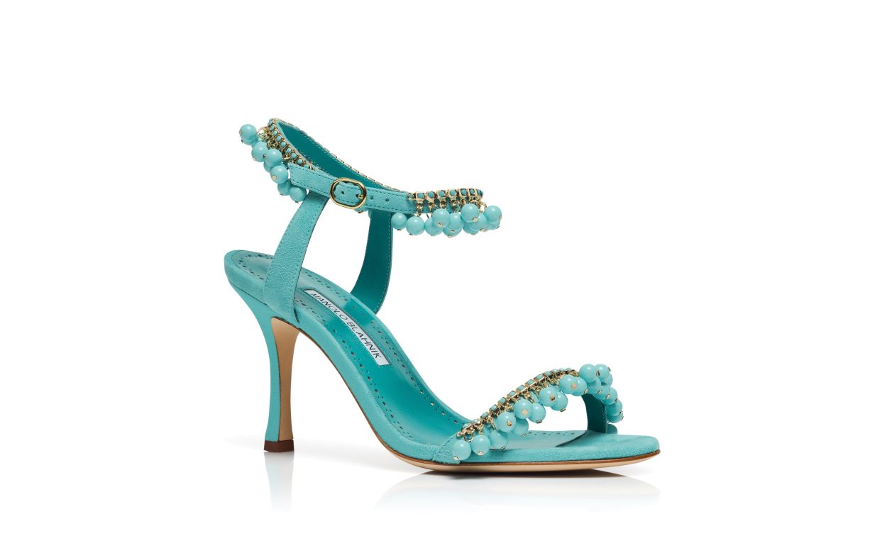 Sandali in Suede Blu con Decorazioni in Gioiello