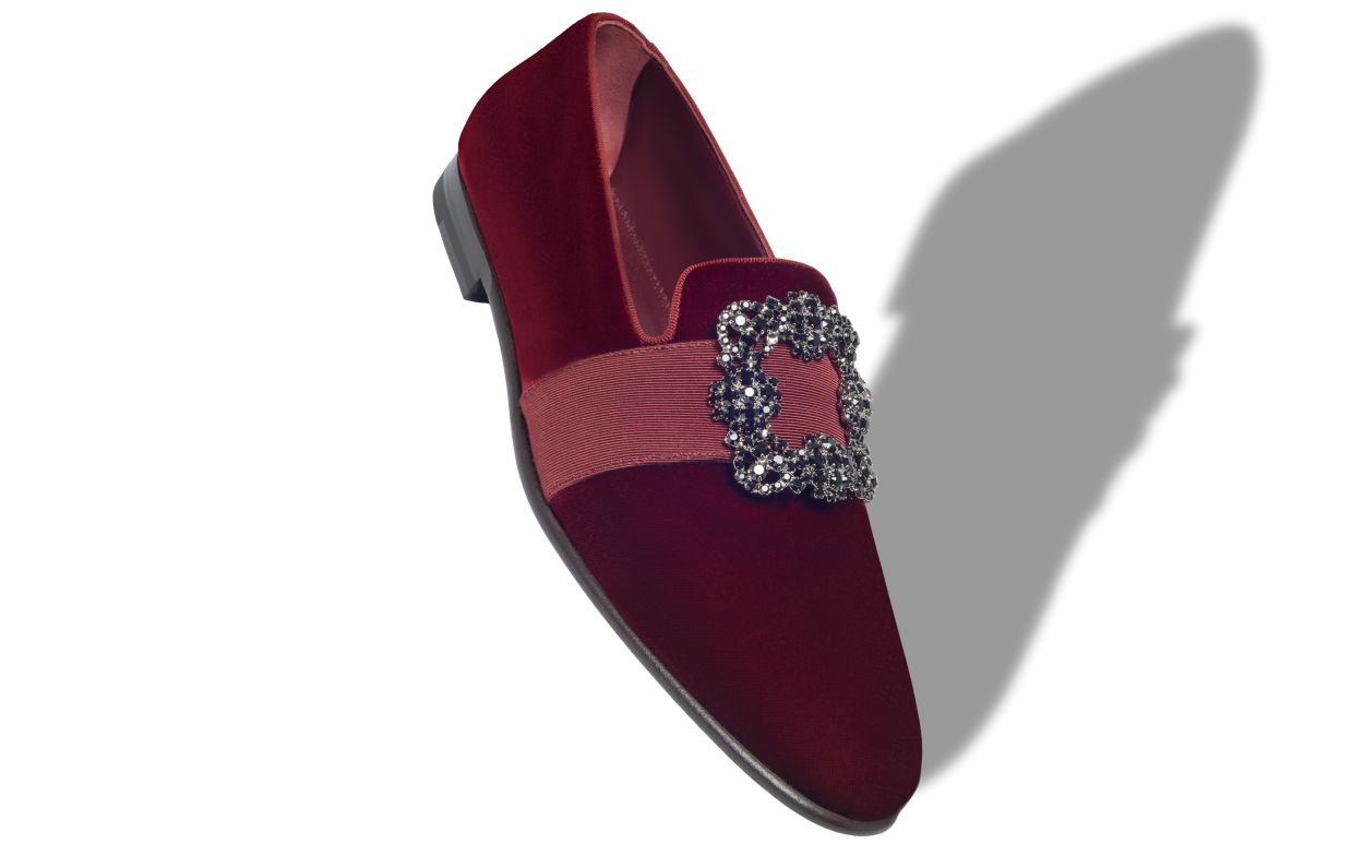 Loafer con Fibbia in Cristallo in Velluto Rosso Scuro