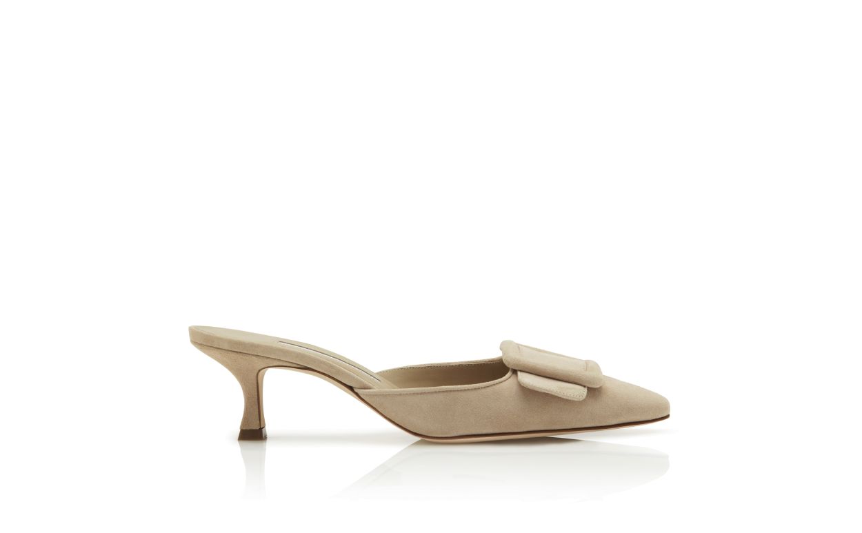 Mules in Suede Beige con Tacco Kitten