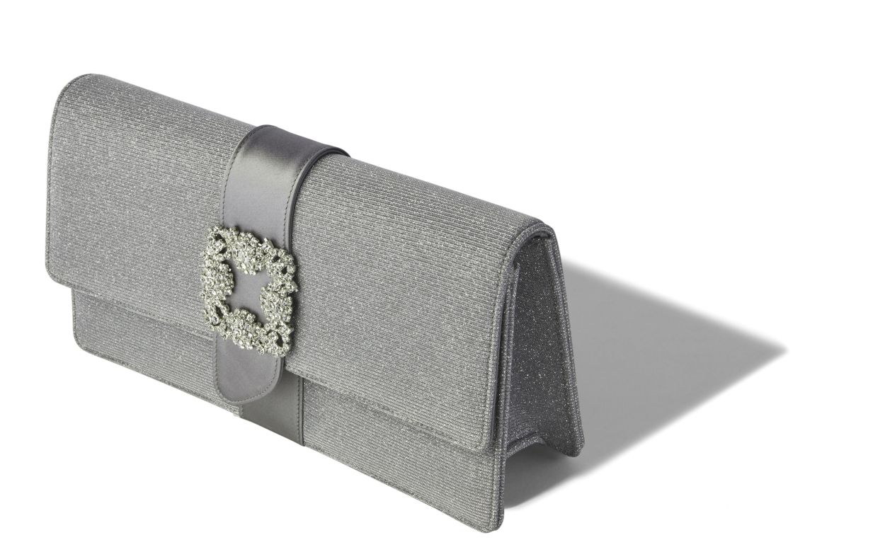 Borsa a tracolla rettangolare in tessuto argento con glitter e fibbia di cristallo